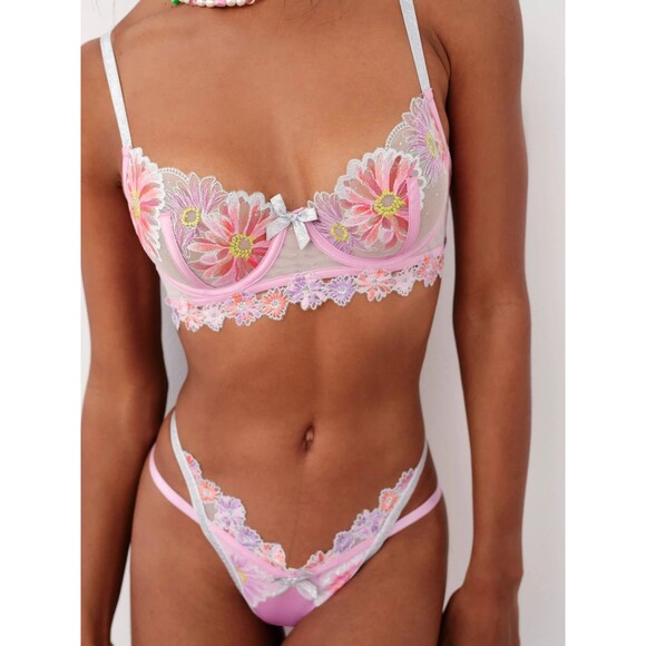 For Love And Lemons Aster Embroidery New Bra Lace Pink Floral Underwire Size XS - Picture 1 of 11